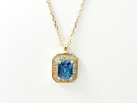 Aquamarine Cubic Zirconia Gold Plated Silver Necklace.(Pendant and Chain)