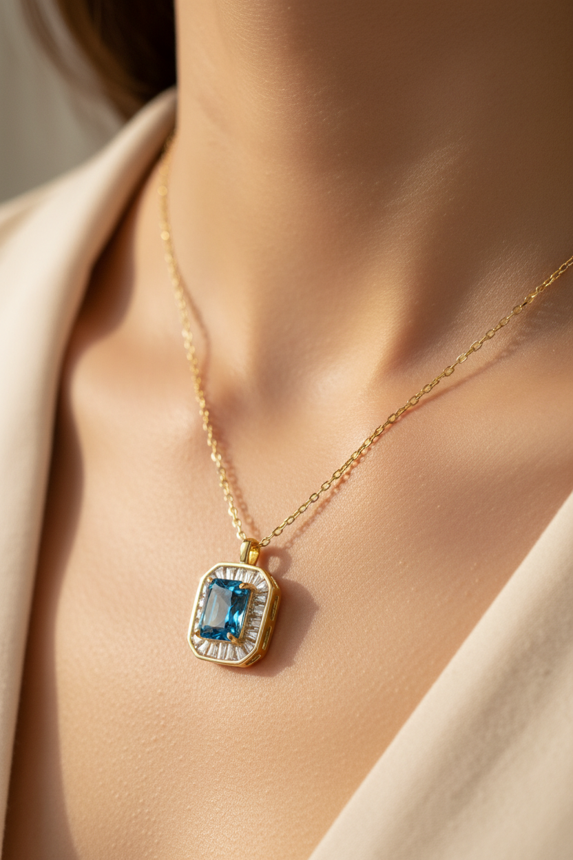 Aquamarine Cubic Zirconia Gold Plated Silver Necklace.(Pendant and Chain)