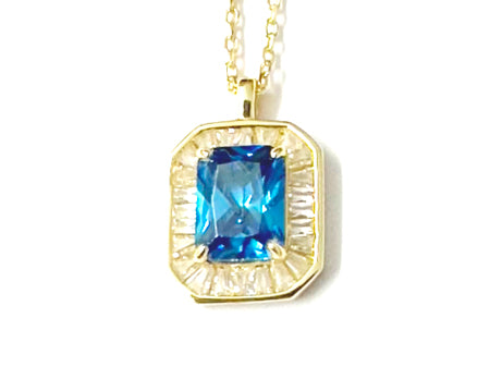 Aquamarine Cubic Zirconia Gold Plated Silver Necklace.(Pendant and Chain)