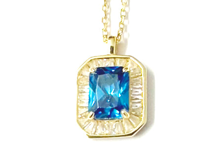 Aquamarine Cubic Zirconia Gold Plated Silver Necklace.(Pendant and Chain)
