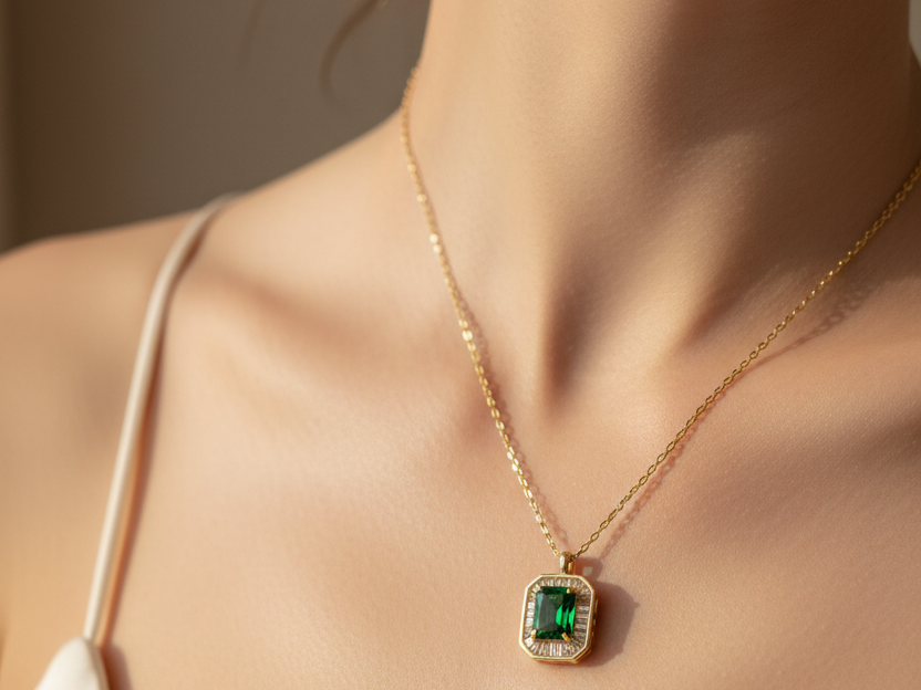 Emerald Cubic Zirconia Gold Plated Silver Necklace.(Pendant and Chain)