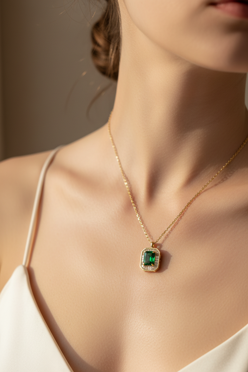 Emerald Cubic Zirconia Gold Plated Silver Necklace.(Pendant and Chain)