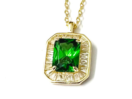 Emerald Cubic Zirconia Gold Plated Silver Necklace.(Pendant and Chain)
