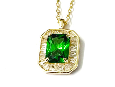 Emerald Cubic Zirconia Gold Plated Silver Necklace.(Pendant and Chain)