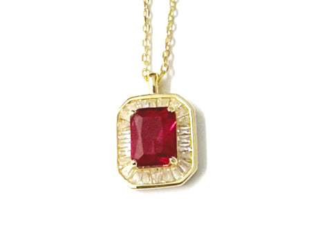 Ruby Cubic Zirconia Gold Plated Silver Necklace.(Pendant and Chain)