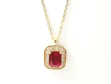Ruby Cubic Zirconia Gold Plated Silver Necklace.(Pendant and Chain)