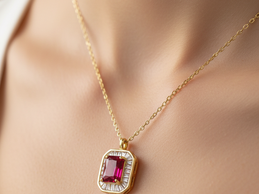 Ruby Cubic Zirconia Gold Plated Silver Necklace.(Pendant and Chain)