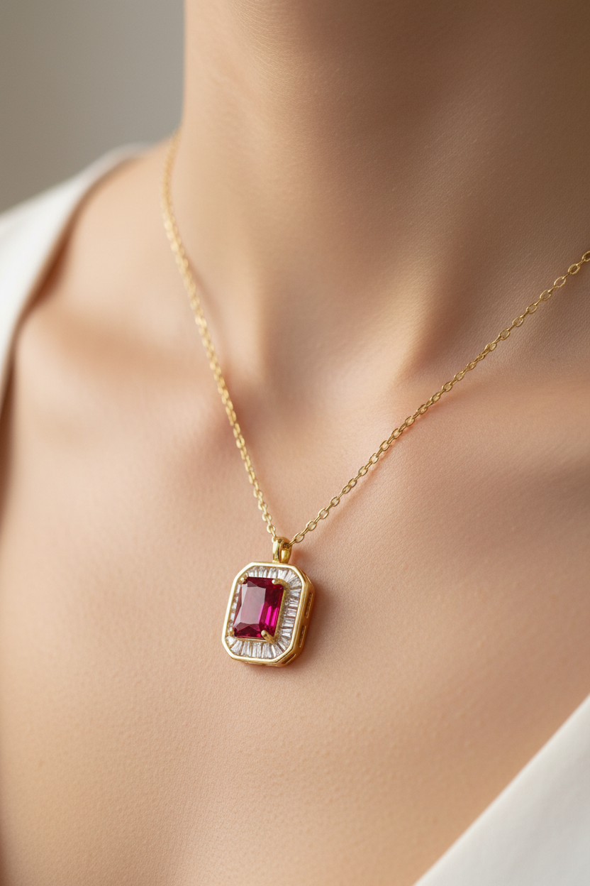 Ruby Cubic Zirconia Gold Plated Silver Necklace.(Pendant and Chain)