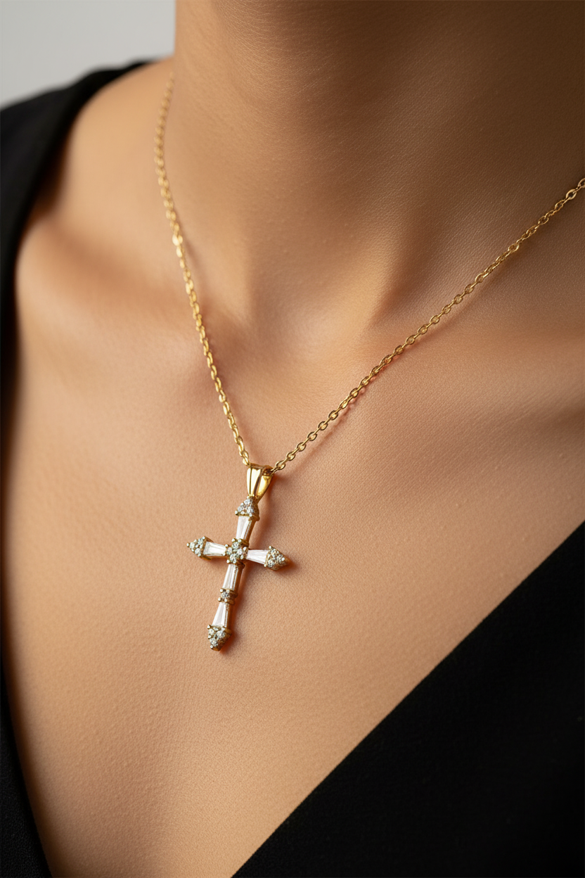 White CZ Yellow Plated Silver Cross Necklace