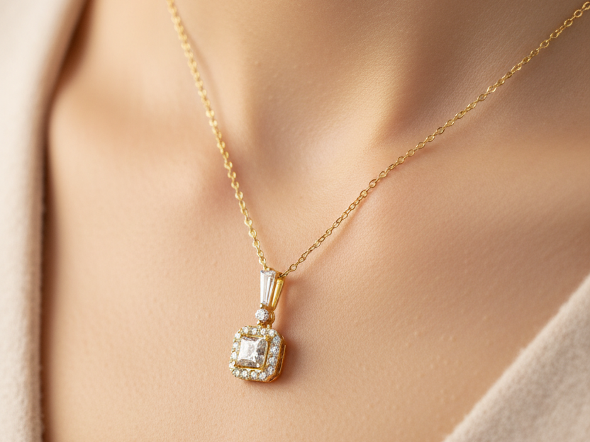 Yellow Plated Silver Necklace With  White Cz Stones