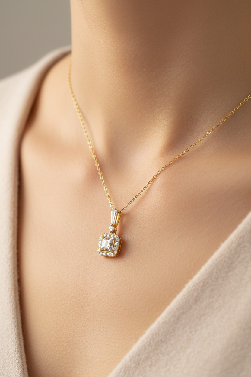 Yellow Plated Silver Necklace With  White Cz Stones