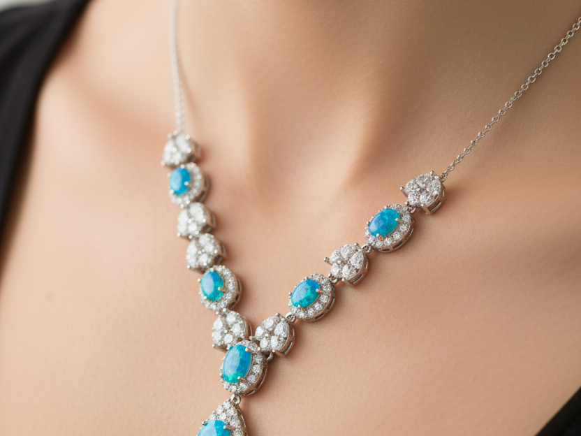 Silver Blue Opal Cz Necklace
