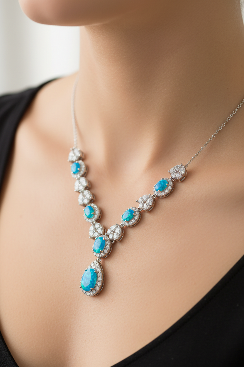 Silver Blue Opal Cz Necklace
