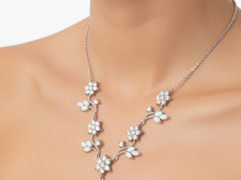 Silver Opal Cz Necklace