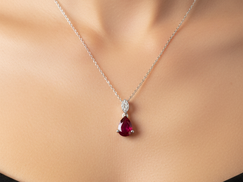 A White Gold Ruby Cz Necklace