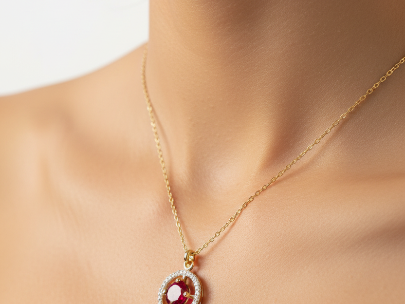 A Yellow Gold Ruby Cz Necklace