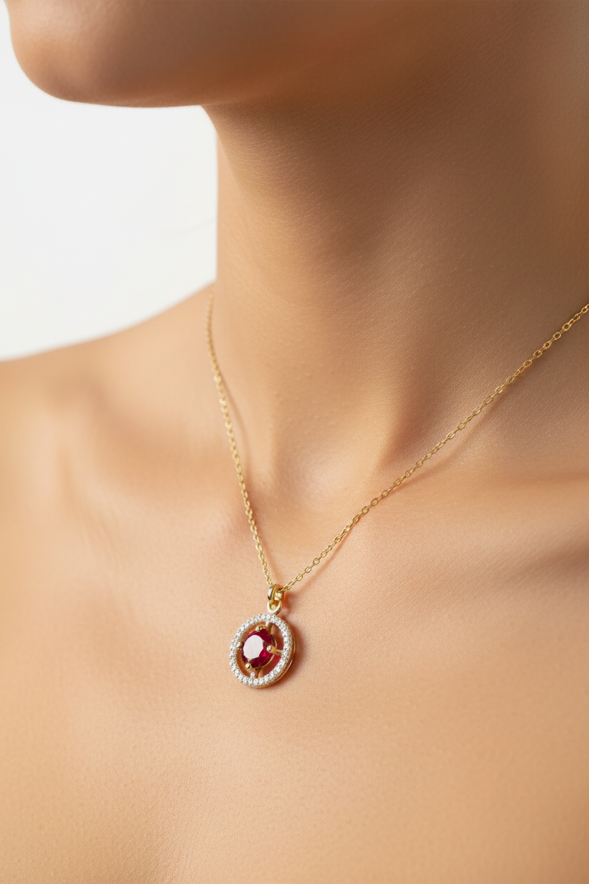 A Yellow Gold Ruby Cz Necklace