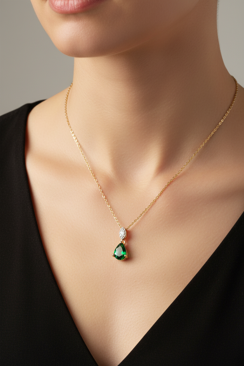9ct Yellow Gold Emerald Cz Necklace
