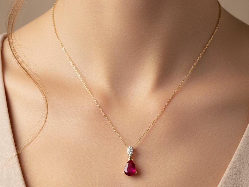 A Yellow Gold Ruby Cz Necklace