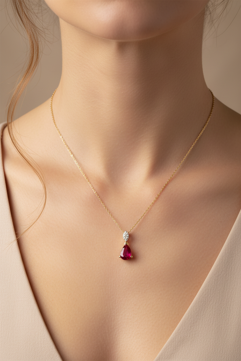 A Yellow Gold Ruby Cz Necklace