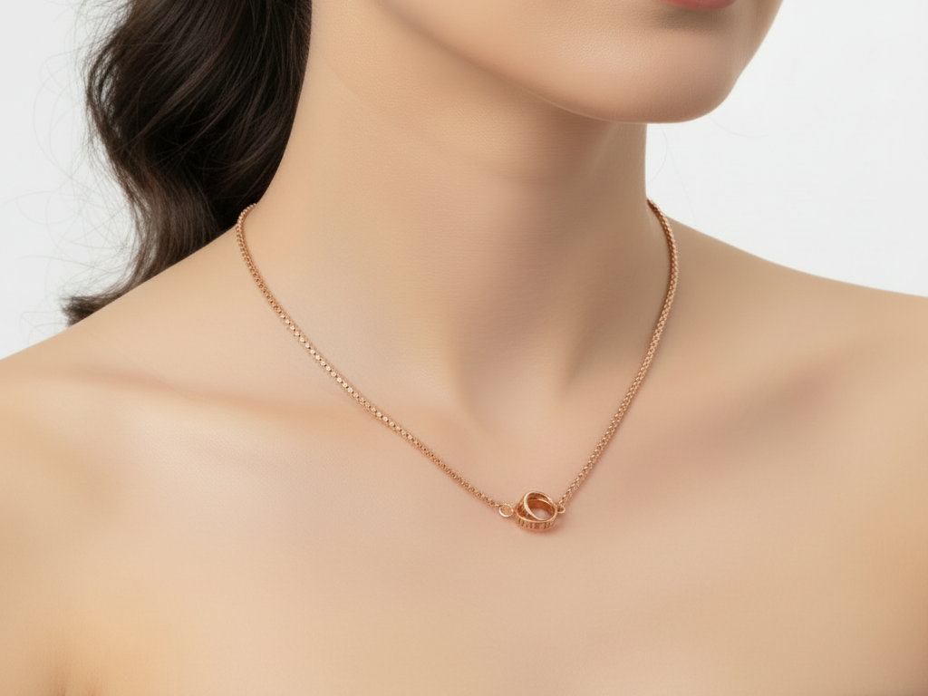 Silver Plain double ring with Rose Gold Plate  Necklace.