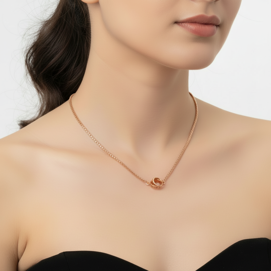 Silver Plain double ring with Rose Gold Plate  Necklace.