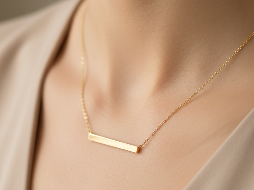 2 Sided Yellow Plated on Silver Bar Necklace.