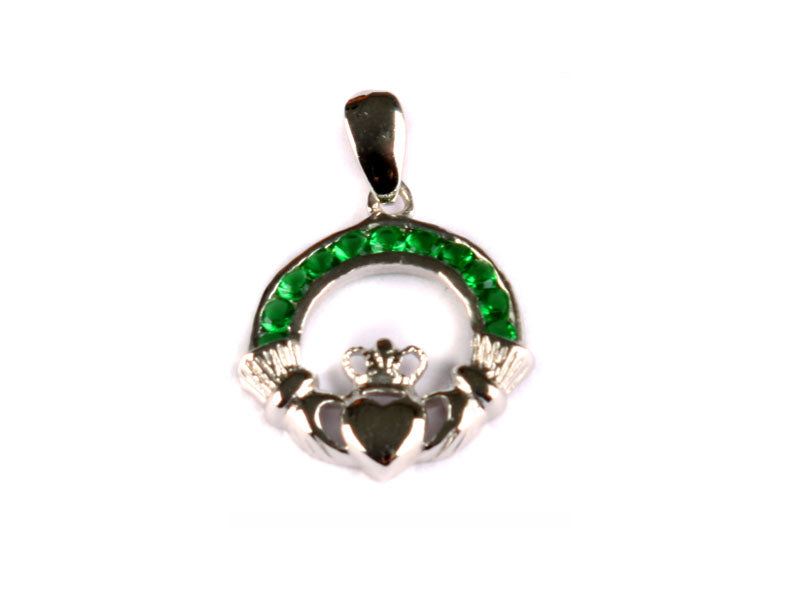 Claddagh Silver Emerald Green May BirthStone Pendant