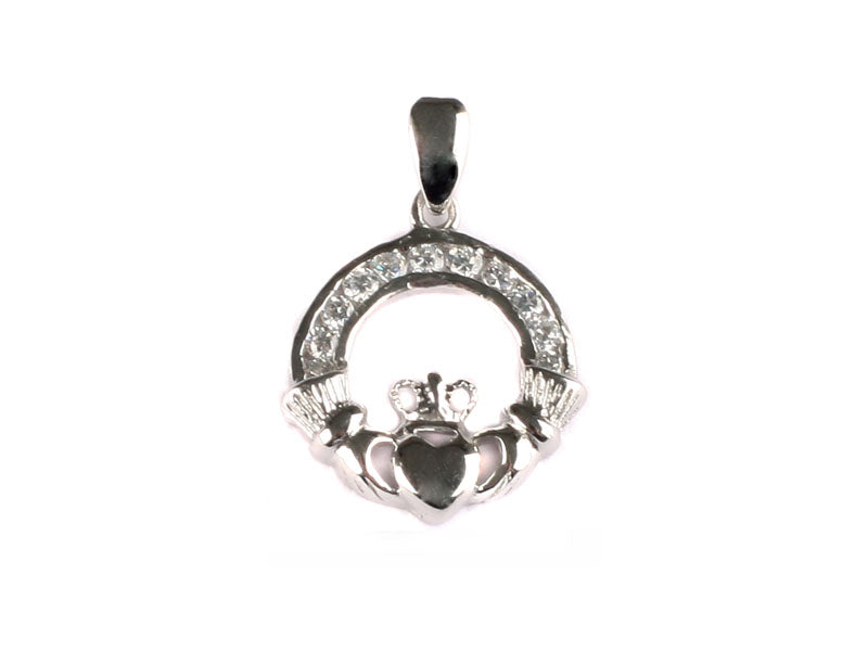 Claddagh Silver White Cz April BirthStone Pendant
