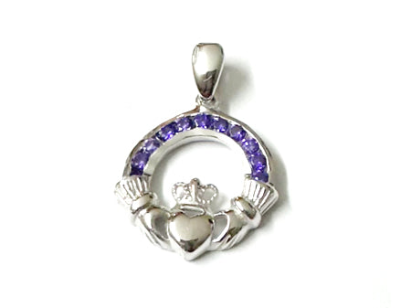 Claddagh Silver Amethyst Cz February BirthStone Pendant