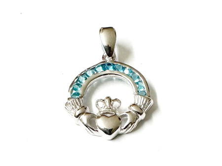 Claddagh Silver Aquamarine Cz March BirthStone Pendant