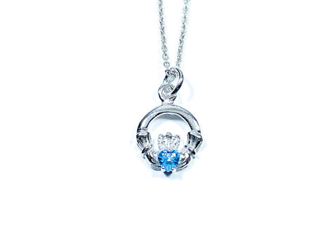 Claddagh March Birthstone Aquamarine Stone set Silver Rodium Plated Pendant Chained