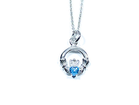 Claddagh March Birthstone Aquamarine Stone set Silver Rodium Plated Pendant Chained