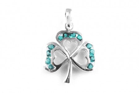 Silver Shamrock Pendant With Aquamarine Cubic Zirconia Stones