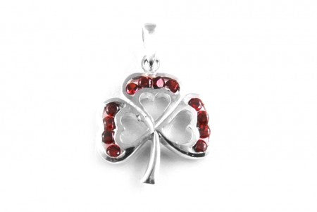 Silver Shamrock Pendant with Garnet Red Cubic Zirconia Stones