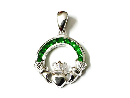 Claddagh Silver Emerald Green May BirthStone Pendant