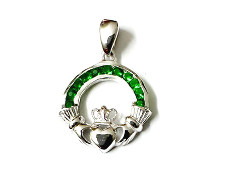 Claddagh Silver Emerald Green May BirthStone Pendant