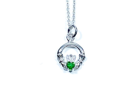 Claddagh Emerald Green May BirthStone Pendant Rhodium Chained