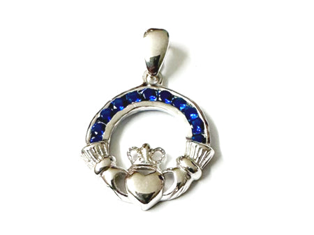Claddagh Silver Sapphire Cz September BirthStone Pendant