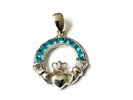 Claddagh Silver Topaz Blue December BirthStone Pendant