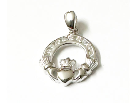 Claddagh Silver White Cz April BirthStone Pendant