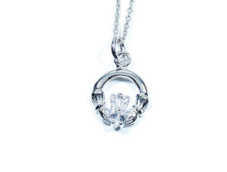 Claddagh White April BirthStone Pendant Rodium Chained