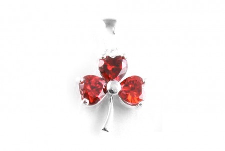 Silver Shamrock Pendant with Garnet Red Cubic Zirconia Stones