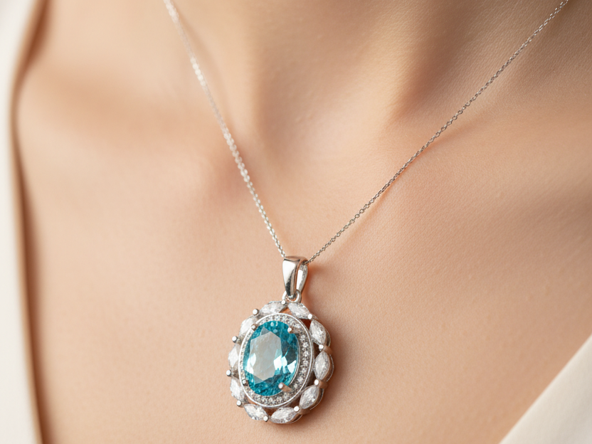 Aquamarine & White Cubic Zirconia Pendant.