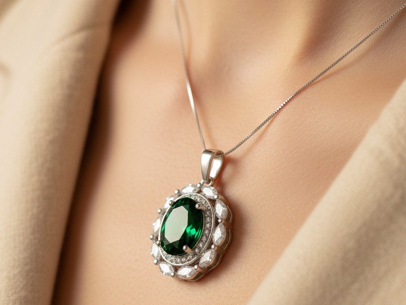 Emerald & White Cubic Zirconia Pendant.