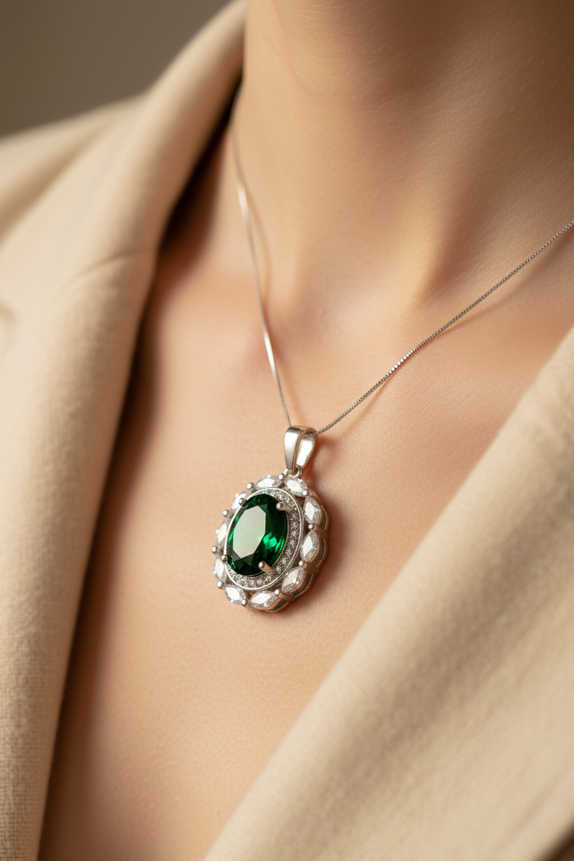 Emerald & White Cubic Zirconia Pendant.