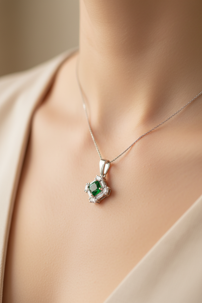 Emerald & White Cubic Zirconia Pendant.