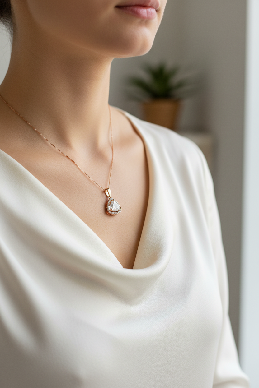 A White Cubic Zirconia Rose Plated Silver Pendant.