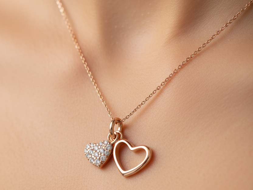 Rose Plated  Silver with White Cz Stone Double Heart Pendant