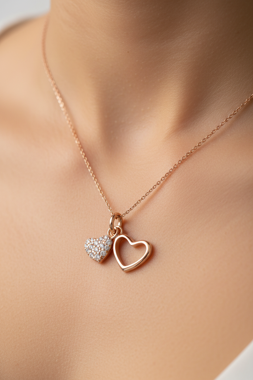 Rose Plated  Silver with White Cz Stone Double Heart Pendant